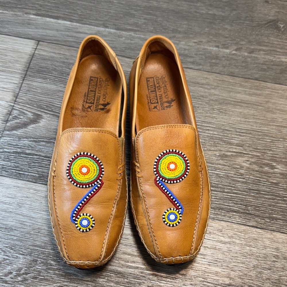PIKOLINOS Tan Leather Loafers with Colorful Beads woman’s 38 (j134)